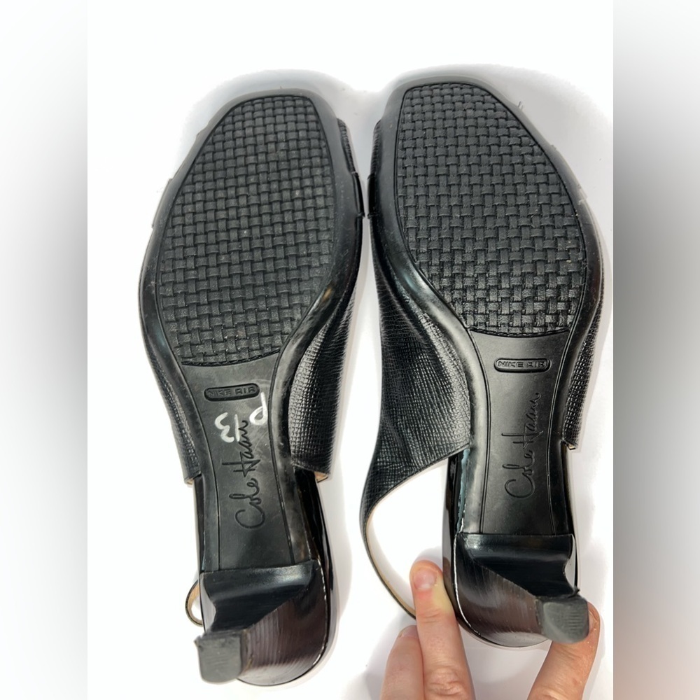 Cole Haan Womens 9 1/2 Black Leather Peep Toe Nike Air Heels Pumps 9.5 Buckle - Picture 5 of 15